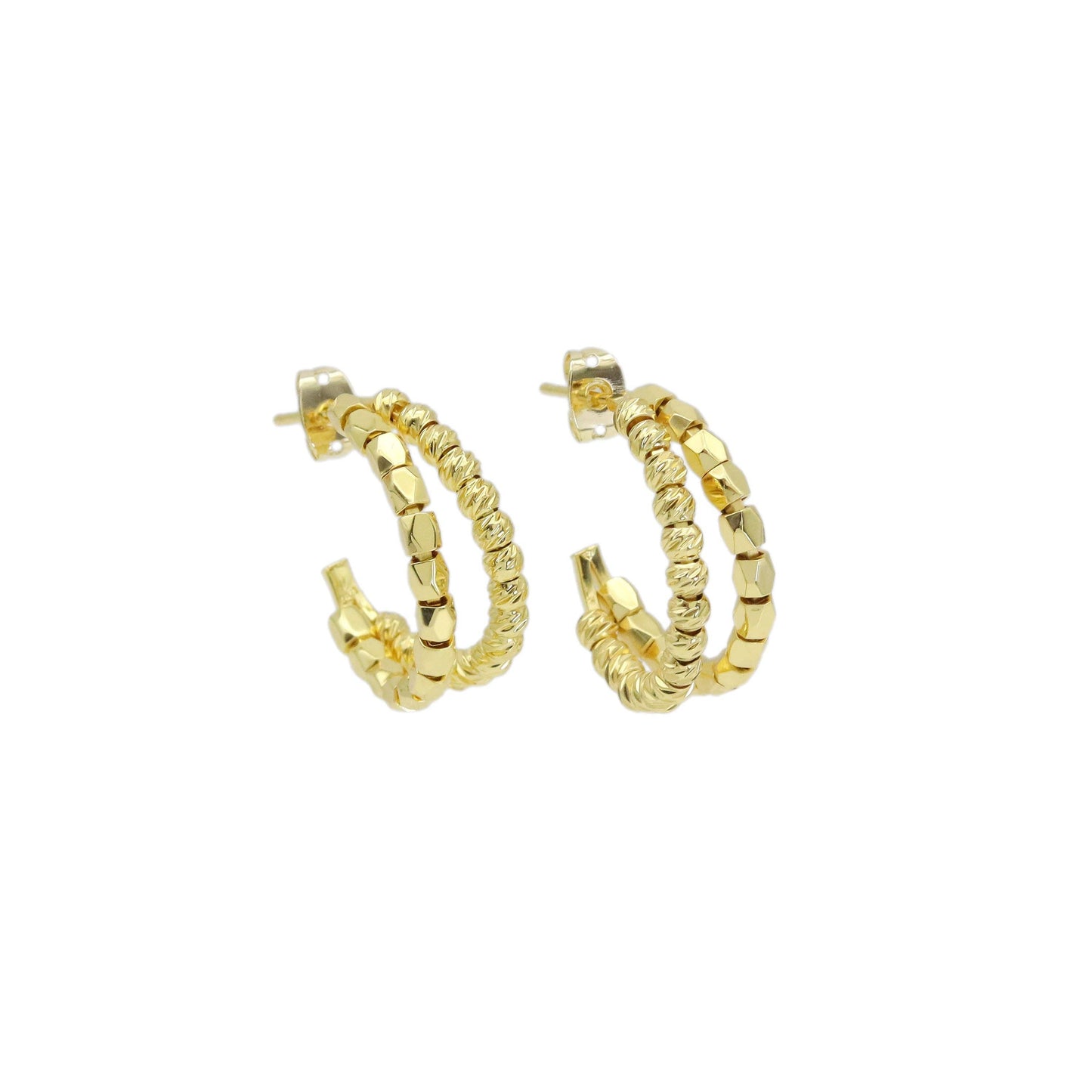 Gold Round Ball Tube Double Line Geometry Hoop Earrings, Sku#LX475