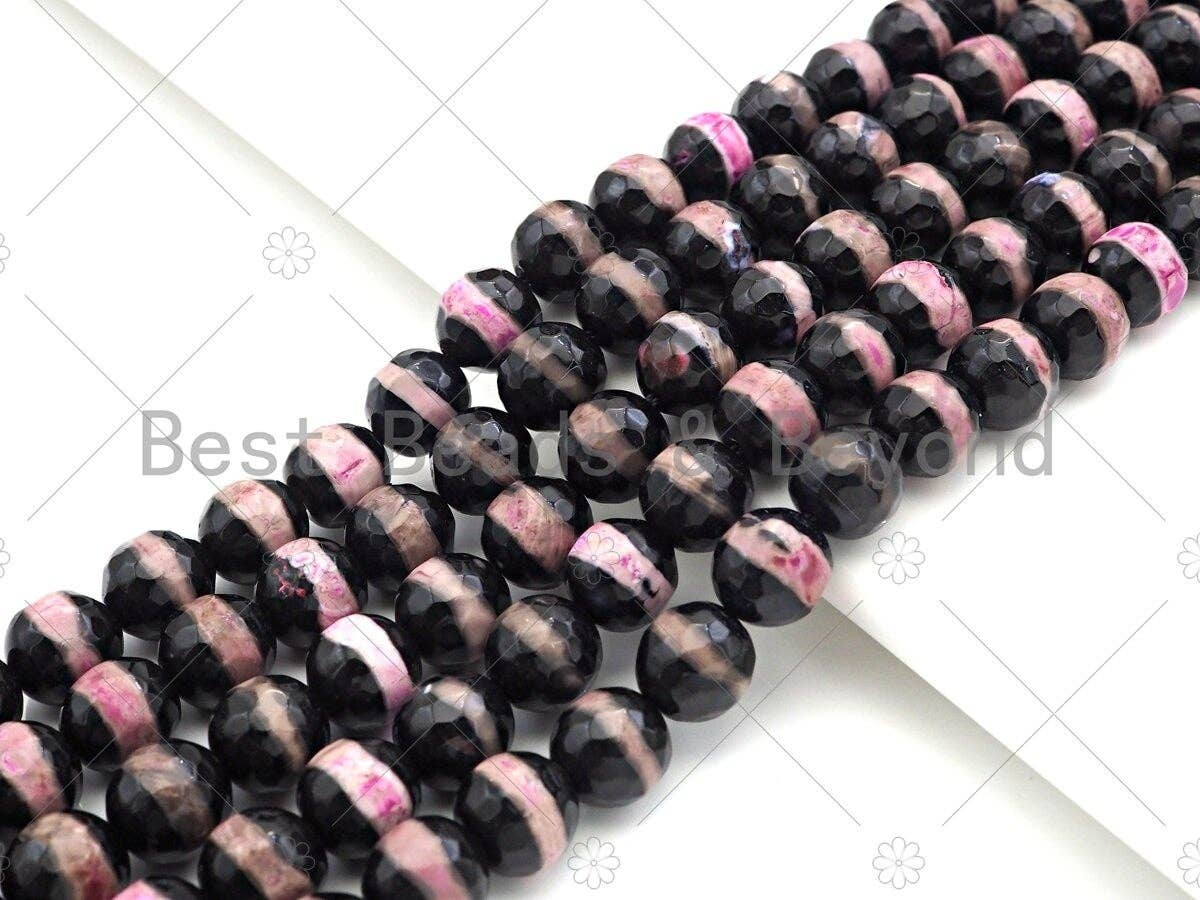 Dzi Agate Faceted Round Beads with Hot Pink Line, 6mm/8mm/10mm/12mm, Red Black Tibetan Beads, Agate Beads, 15.5'' Full Strand,Sku#U1072