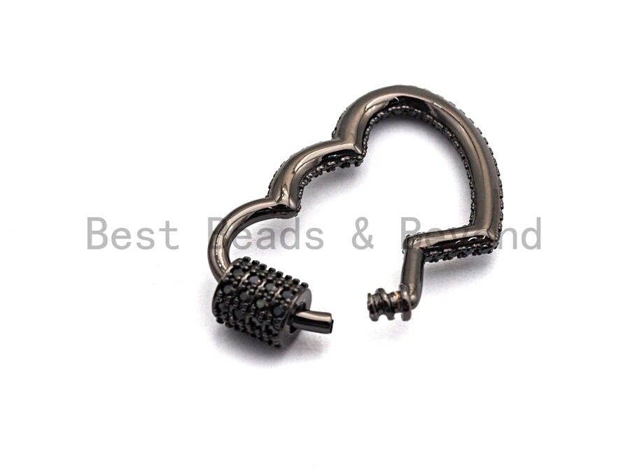 CZ Micro pave Double Heart with Cross Screw Clasp, CZ Pave Screw Lock, Gold/Silver/Rose Gold/Gunmetal Carabiner Clasp, 19x28mm, sku#H145
