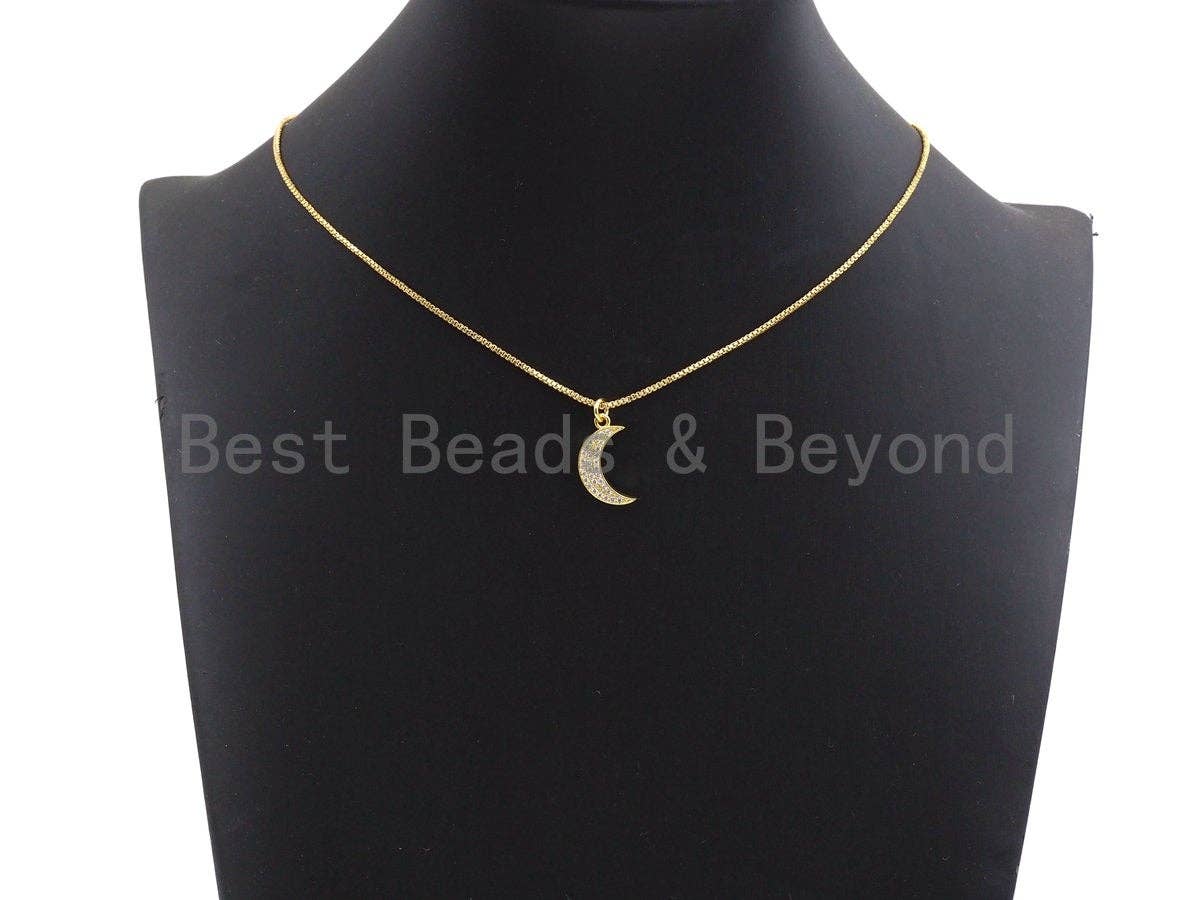 CZ Micro Pave Crescent Moon Pendant, Cubic Zirconia Pendant, Silver/Gold/Rose Gold/Black Tone, 11x19mm, Sku#X108