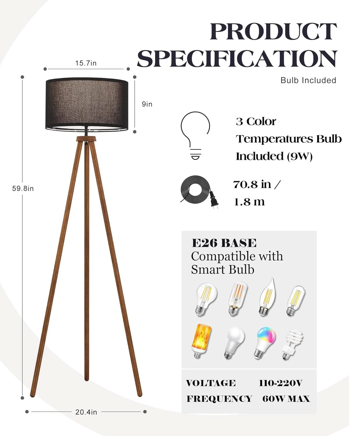 Walnut Wood Tripod Floor Lamp Color Temperature LED