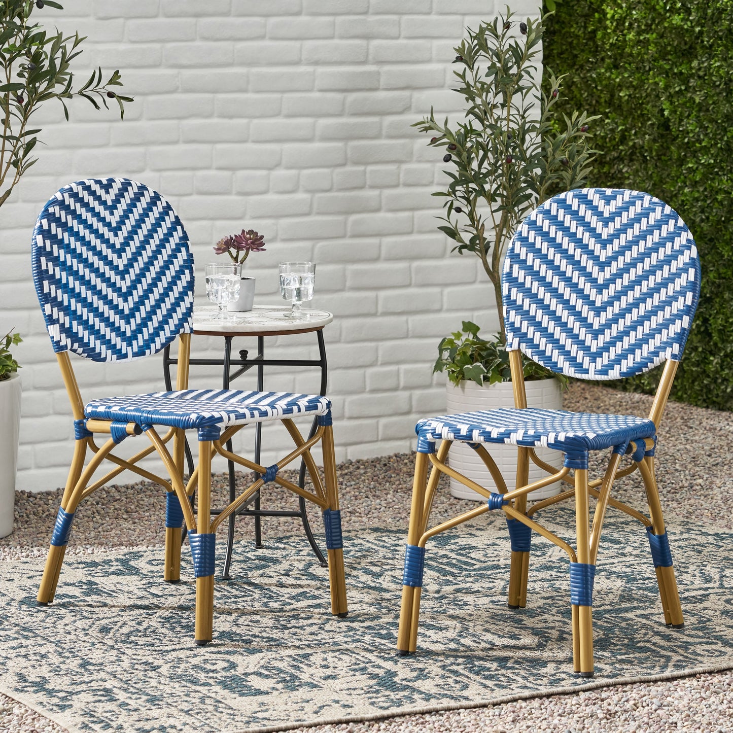 Outdoor PE Ratten and Aluminum French Armless Bistro Chairs, Set of 2