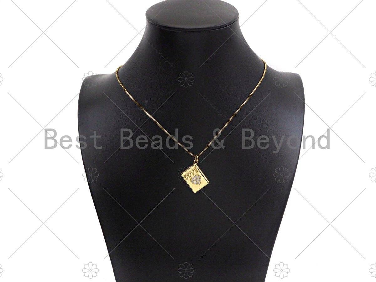 CZ Micro Pave Love Heart On Rectangle Shape Pendant/Charm,18K Dainty Gold Medallion Charm, Necklace Bracelet Charm,17x20mm, Sku#LK254