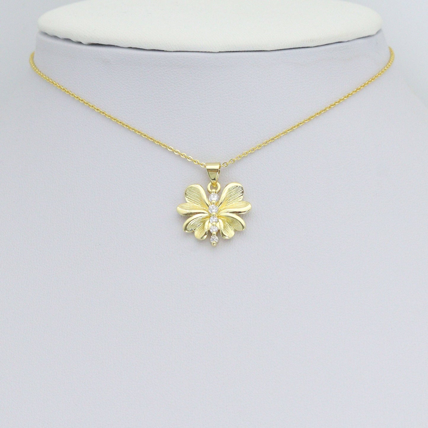 CZ Gold Petal Flower Dragonfly Charm Pendant, Sku#LK1190