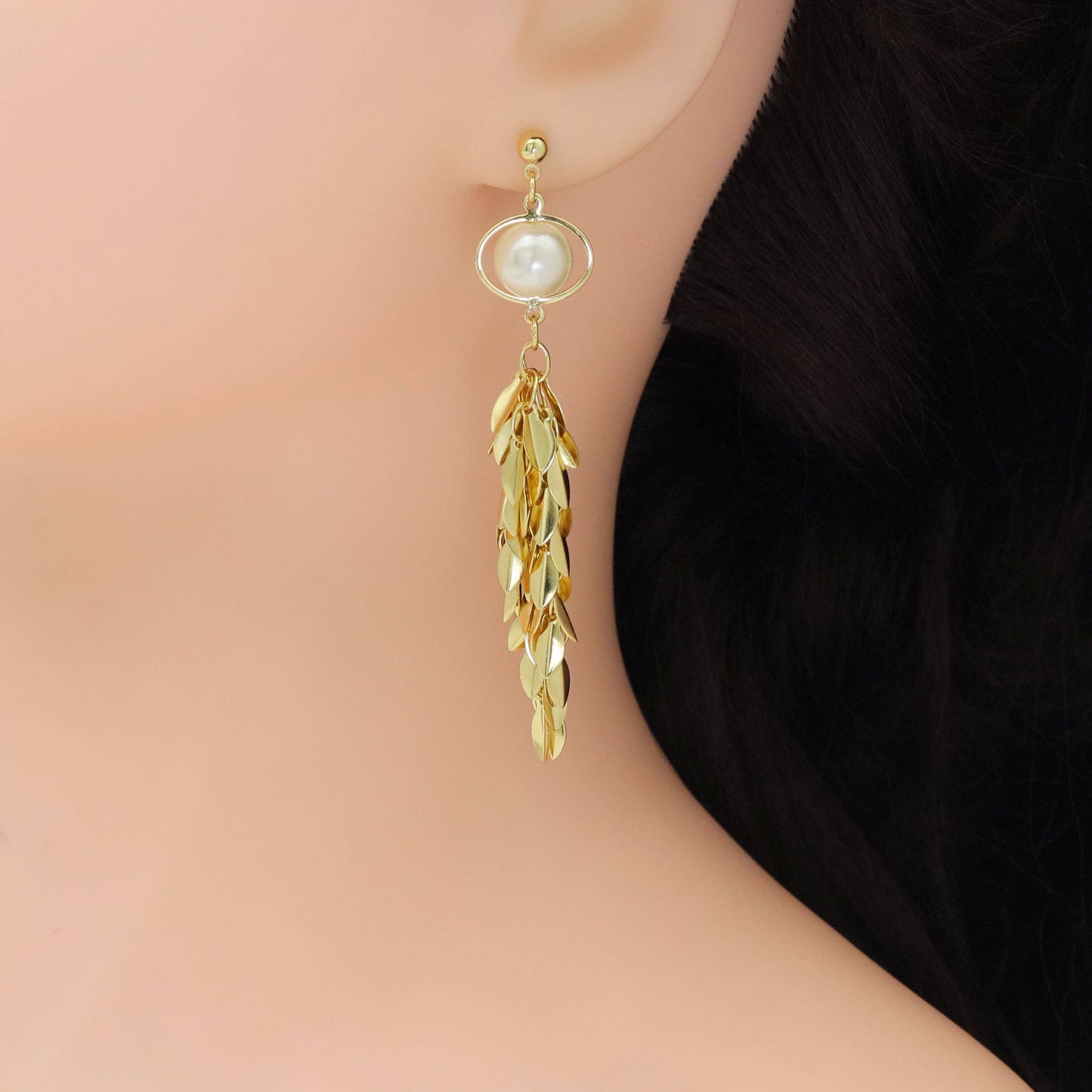 White Pearl Long Wheat Cluster Dangle Earrings, Sku#Y912