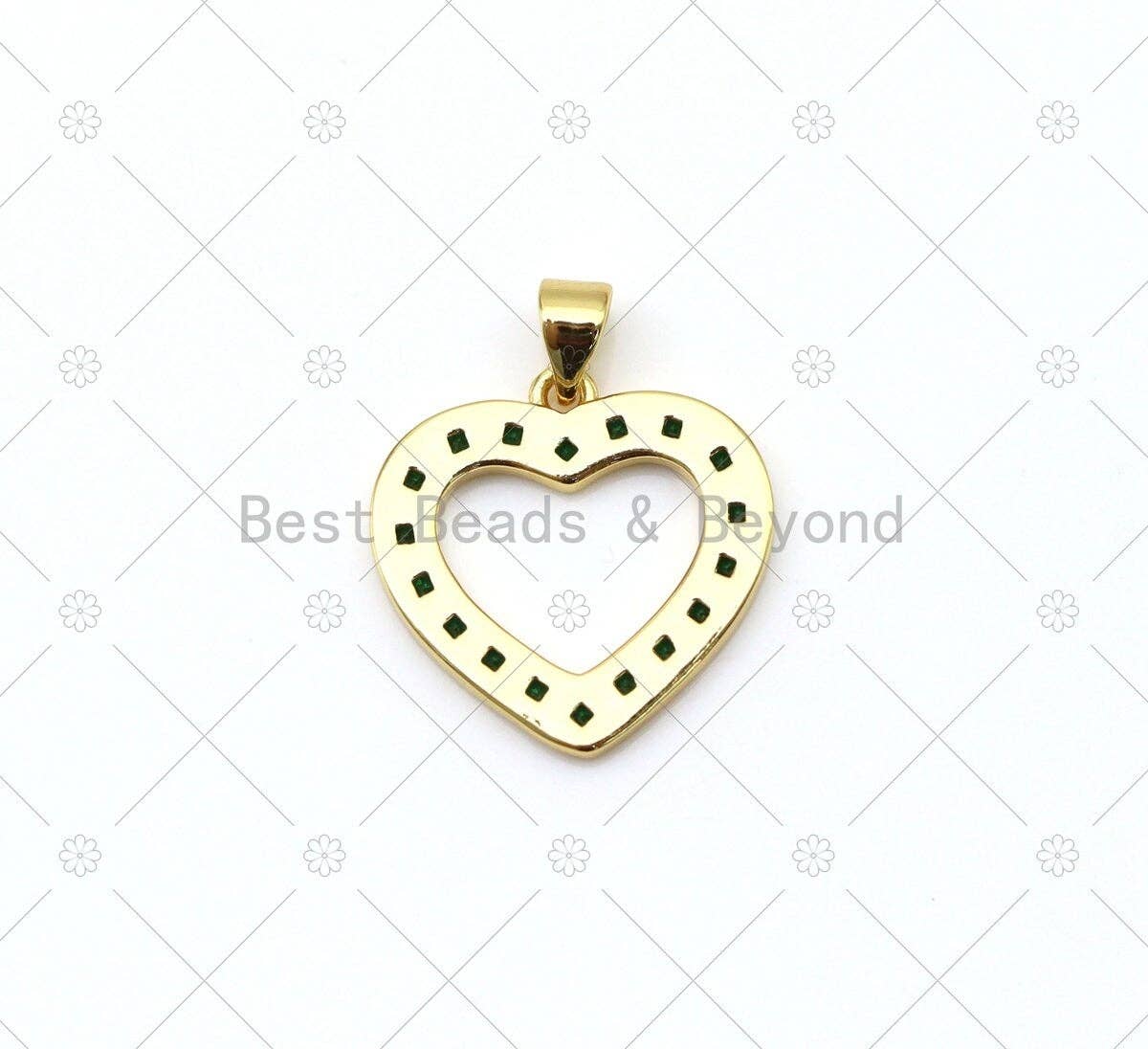 Green/Fuchsia/Clear CZ Micro Pave Heart Shape Pendant, 18K Gold Filled Heart Charm, Necklace Bracelet Charm Pendant, 19x19mm,Sku#LK491
