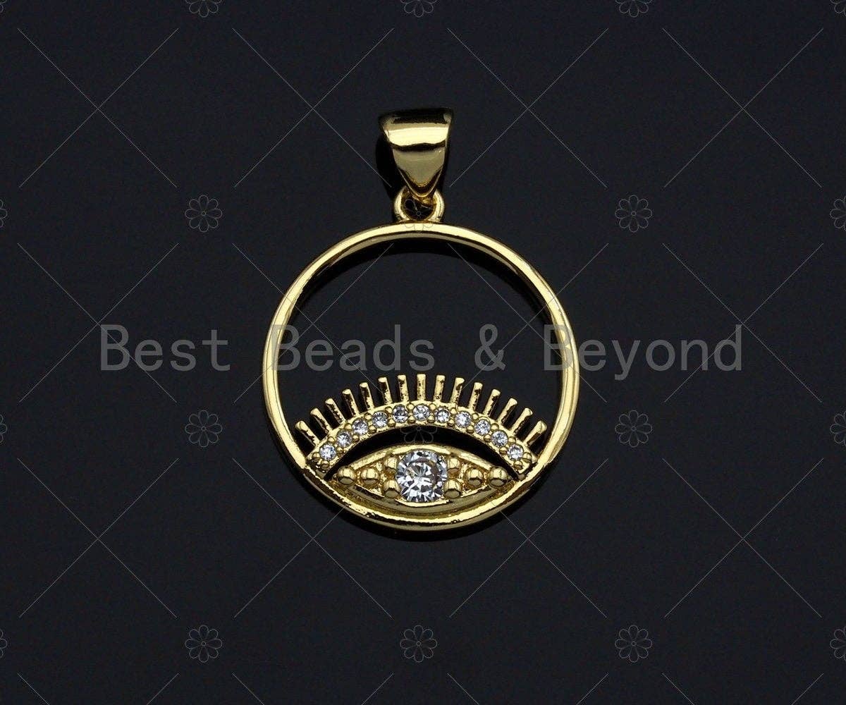 18k Dainty Gold Evil Eye With Long Eyelash On Round Ring Shape Charms, Dainty Charms,Round Ring Necklace Charms, 18x20mm, Sku#LK173