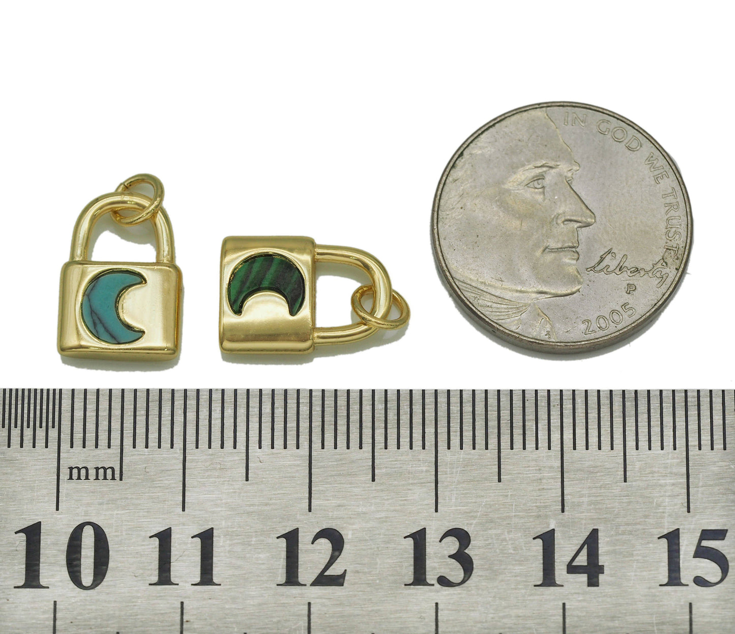 Gold Malachite Turquoise Abalone Cresent Moon Lock Charm, Sku#L681