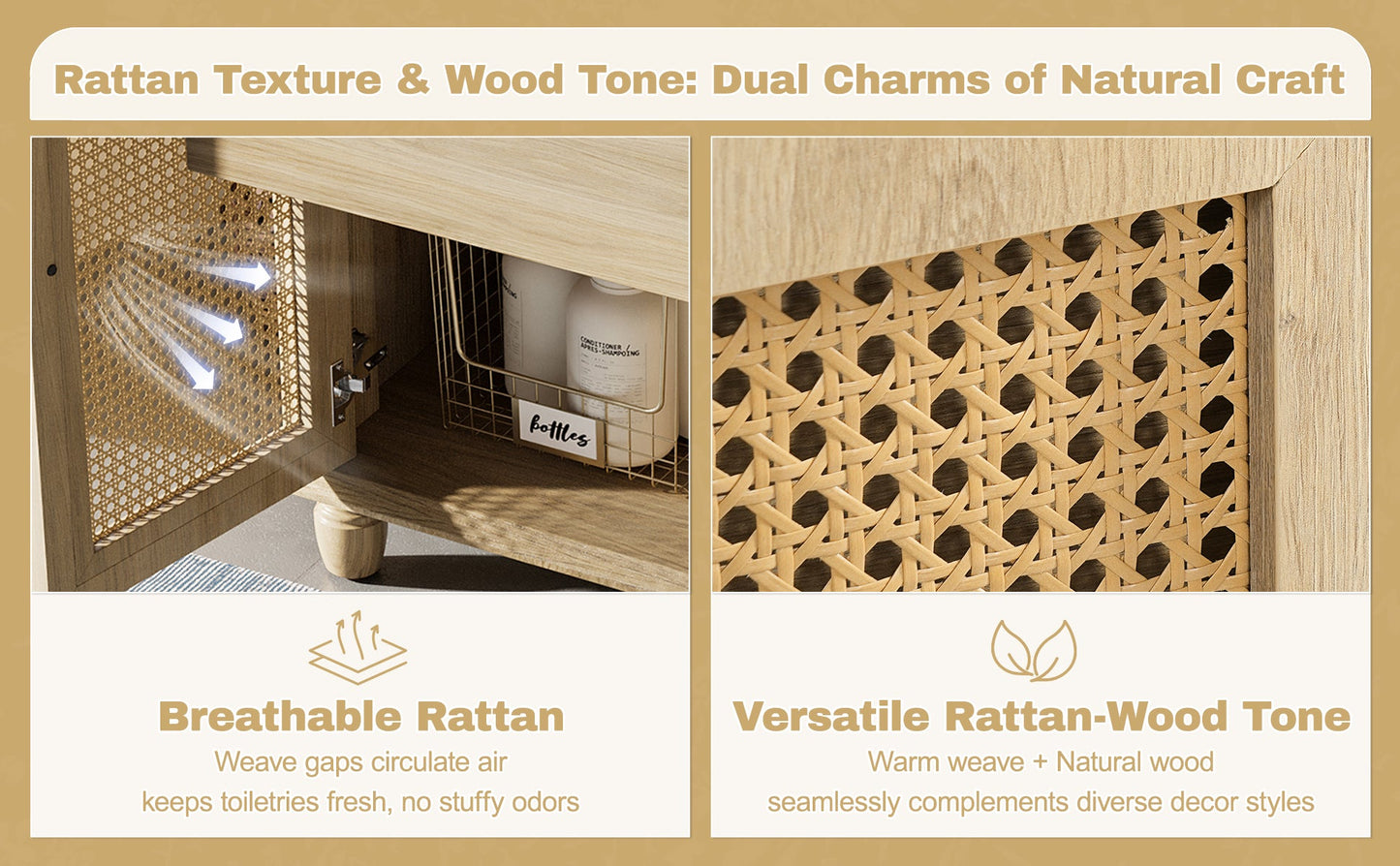 30-Inch Bathroom Vanity: Handwoven Rattan Doors, Solid Wood Legs & Resin Basin