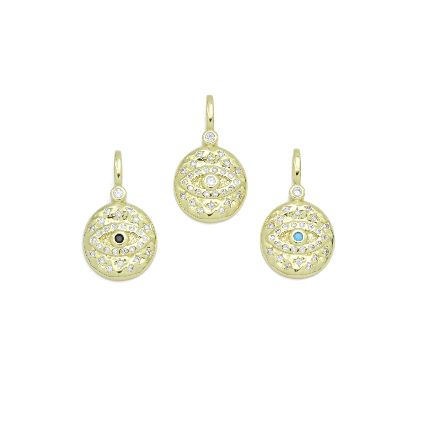 Hammered CZ Pave Evil Eye Coin Charm Pendant, Sku#LX575