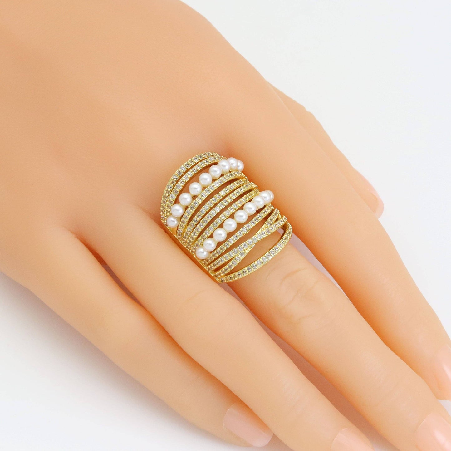 CZ White Pearl Chunky multiines Statment Ring, Sku#A185