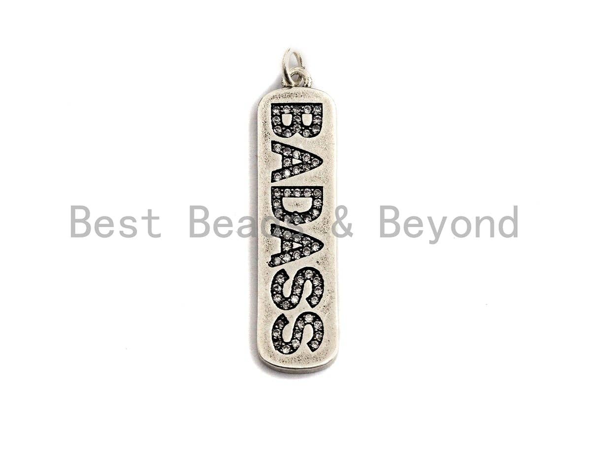 CZ Micro Pave Long Bar With Letter Pendant, Antique Silver Tone, Clear Cz Big Pave Bar Charm Pendant, 10x39mm,sku#F1013C