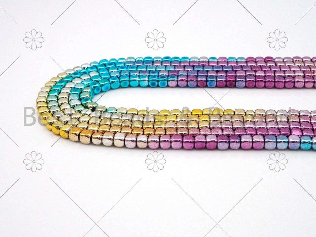 NEW!!! Rainbow Natural Hematite Smooth Cube Beads, Gold Green Purple Blue Pink Matrix 4mm Hematite, 15.5'' Full Strand, SKU#S139