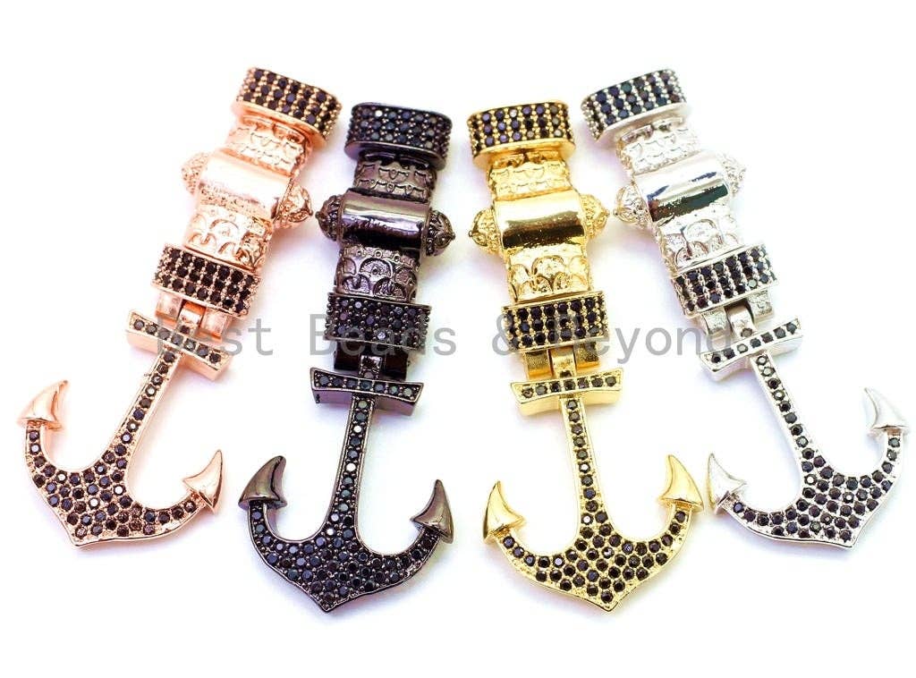 CZ Black Micro Pave Anchor Clasp Buckle for 3mm Leather Cord Bracelet, Anchor Lock, Men's Jewelry Charms,34x22mm, sku#F47