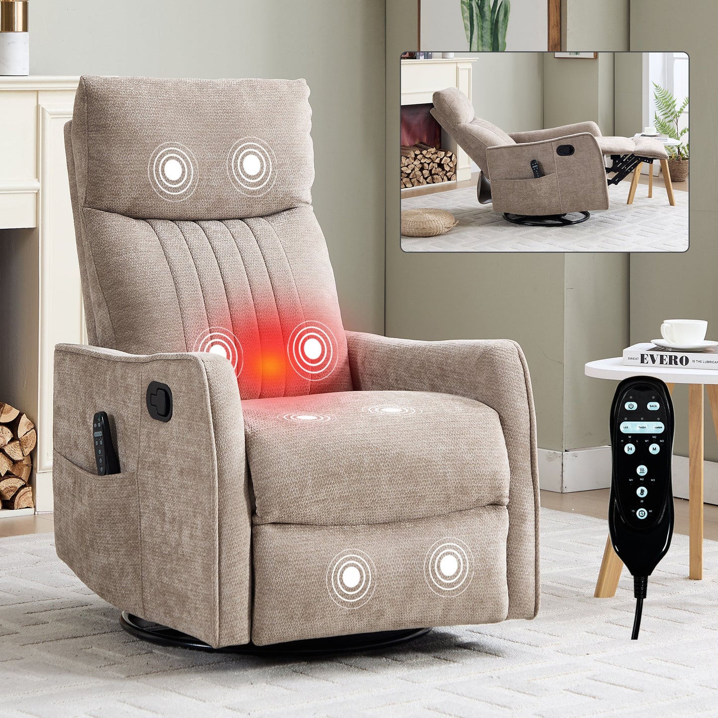 Khaki Heat Massage Manual Recliner Chair