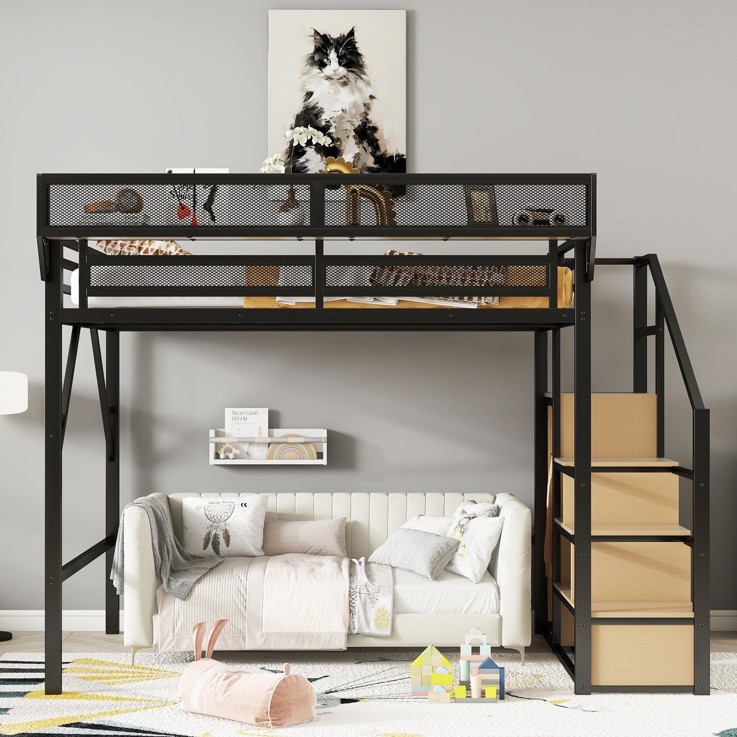 Queen Size Loft Bed with Stairs and Storage Shelves