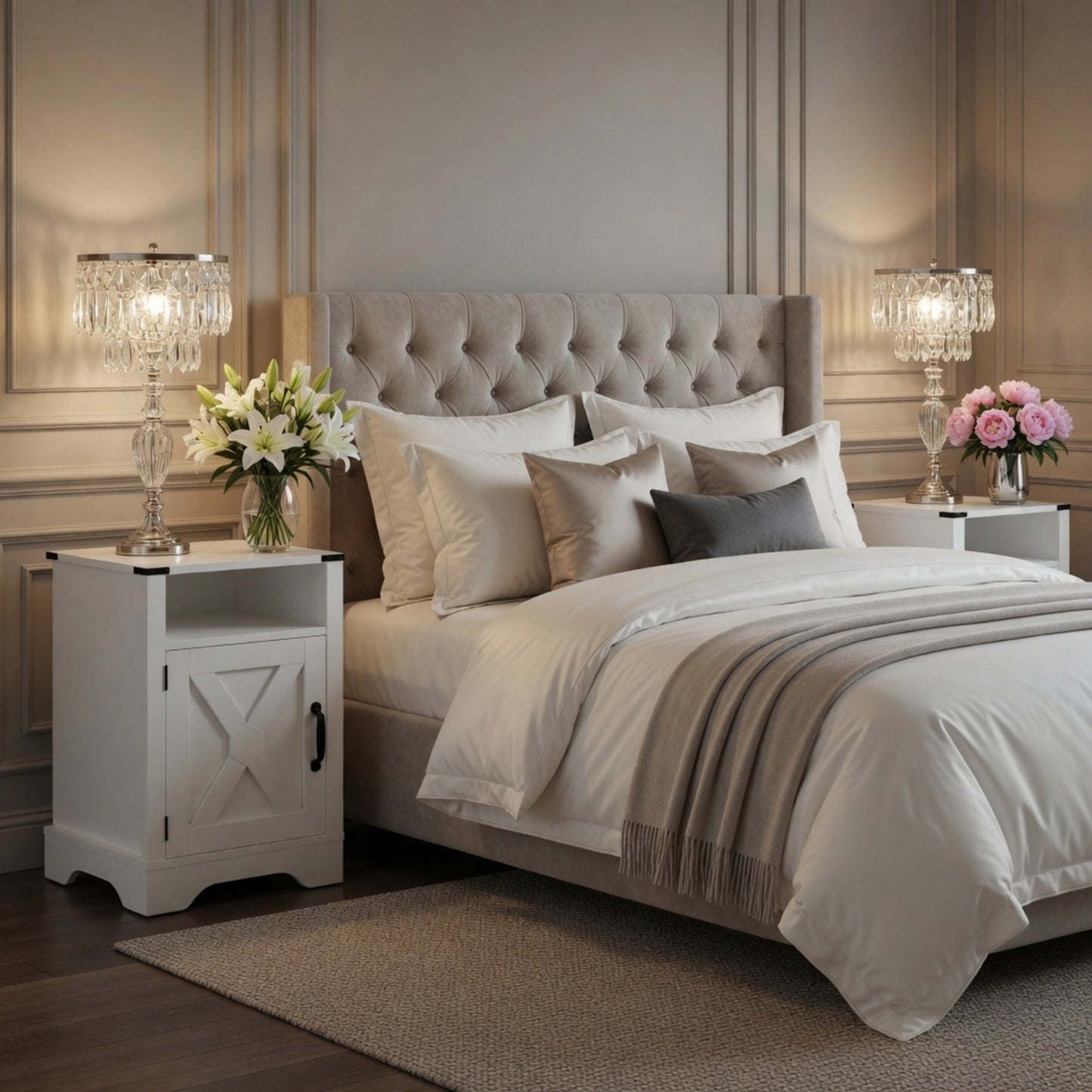 16" White Farmhouse Nightstand with Charging Station