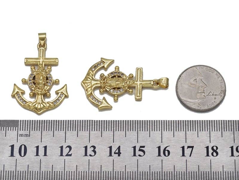Gold CZ Virgin Mary Anchor Charm, Sku#LK711