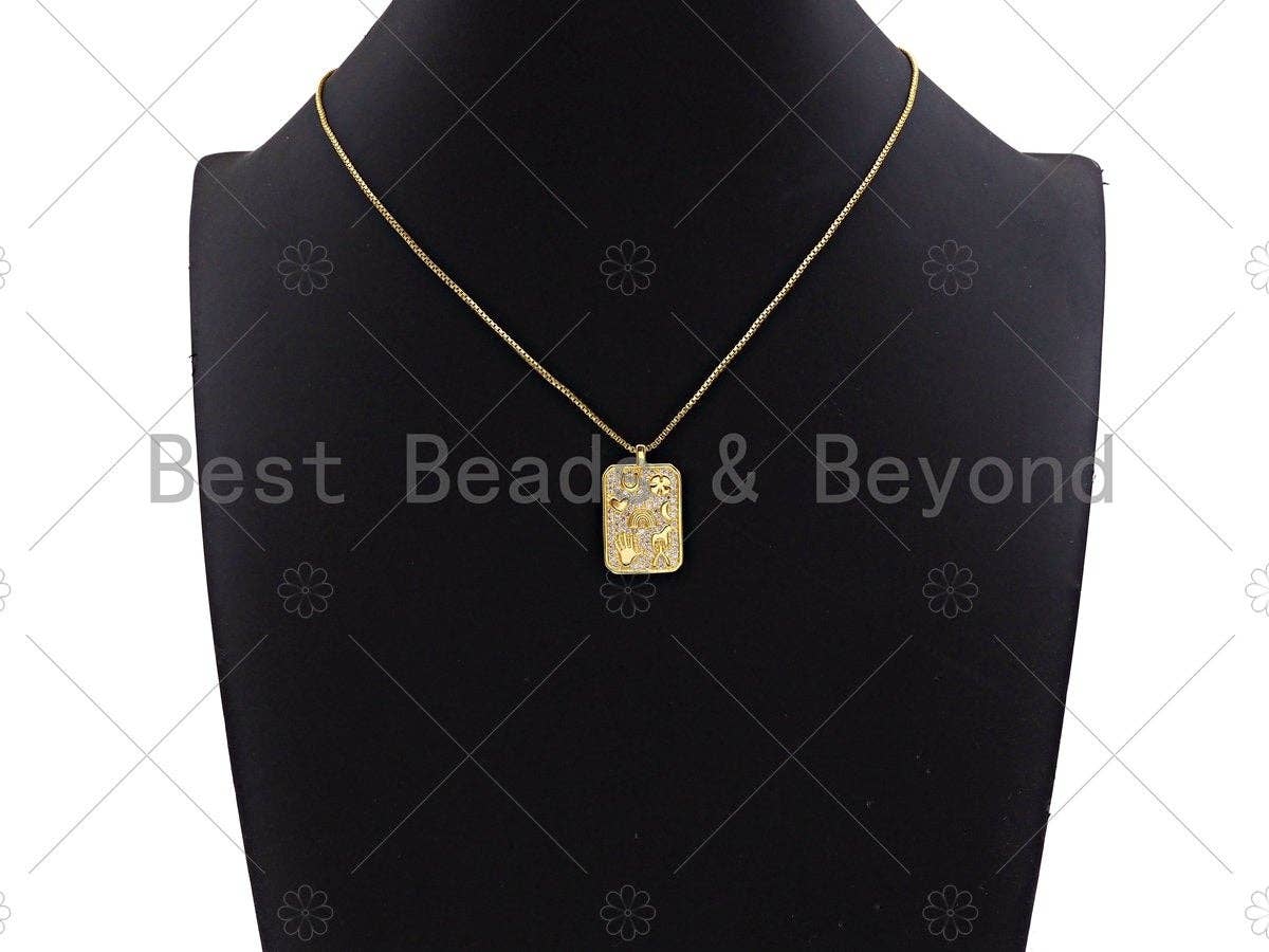 CZ Micro Pave Hand Rainbow Heart Moon On Rectangle Shape Pendant, Cubic Zirconia Rectangle Pendant, Gold Tone pendant, 16x26mm, sku#LK180