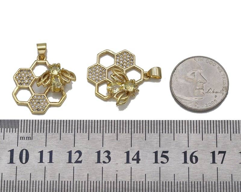 Gold CZ Bee on Honeycomb Charm, Sku#LK714