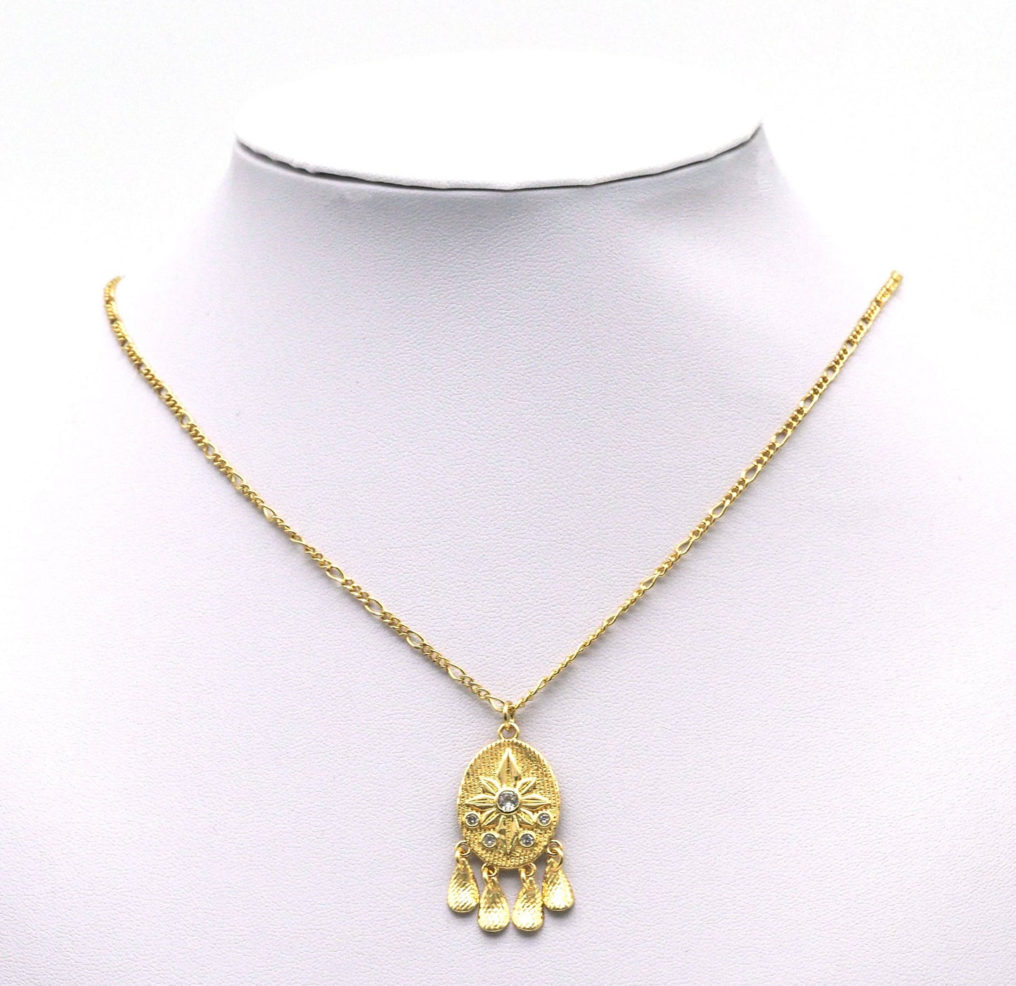 Gold CZ Flower On Oval With Teardrop Charm, Sku#JL124