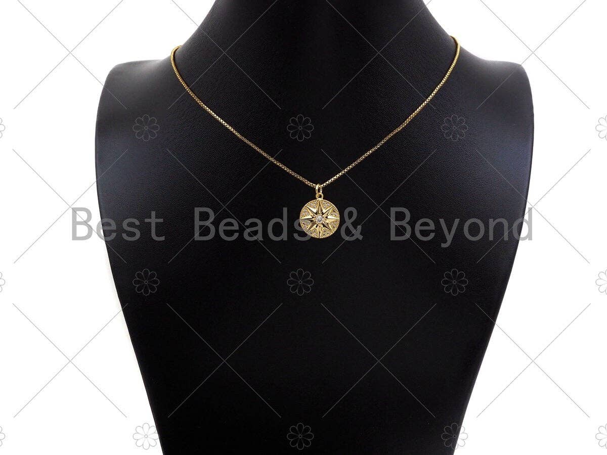 CZ Micro Pave North Star On Round Coin Pendant Charm, Bracelet Necklace CZ Star Pendant Charm, Silver/Gold /Rose Gold Tone,15x18mm,Sku#Y385