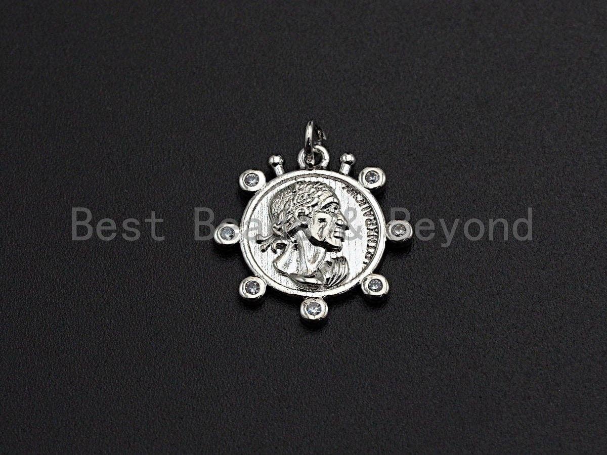 Medallion Coin Pendant/Charm, Medallion Cubic Zirconia Pendant, Silver/Gold Tone, 20x20mm,Sku#Z449