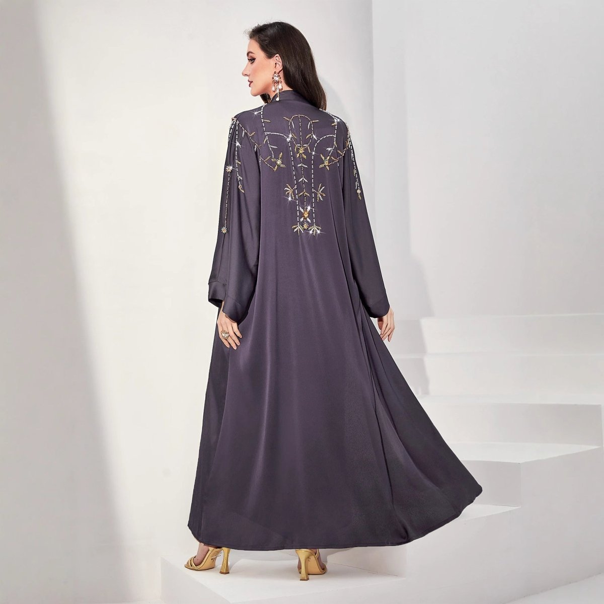 Beaded Floral Vine Abaya | Open-Front Embellished Cardigan (MOA268)