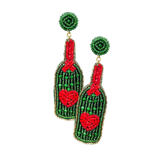 Beaded Heart Pointed Champagne Dangle Earrings
