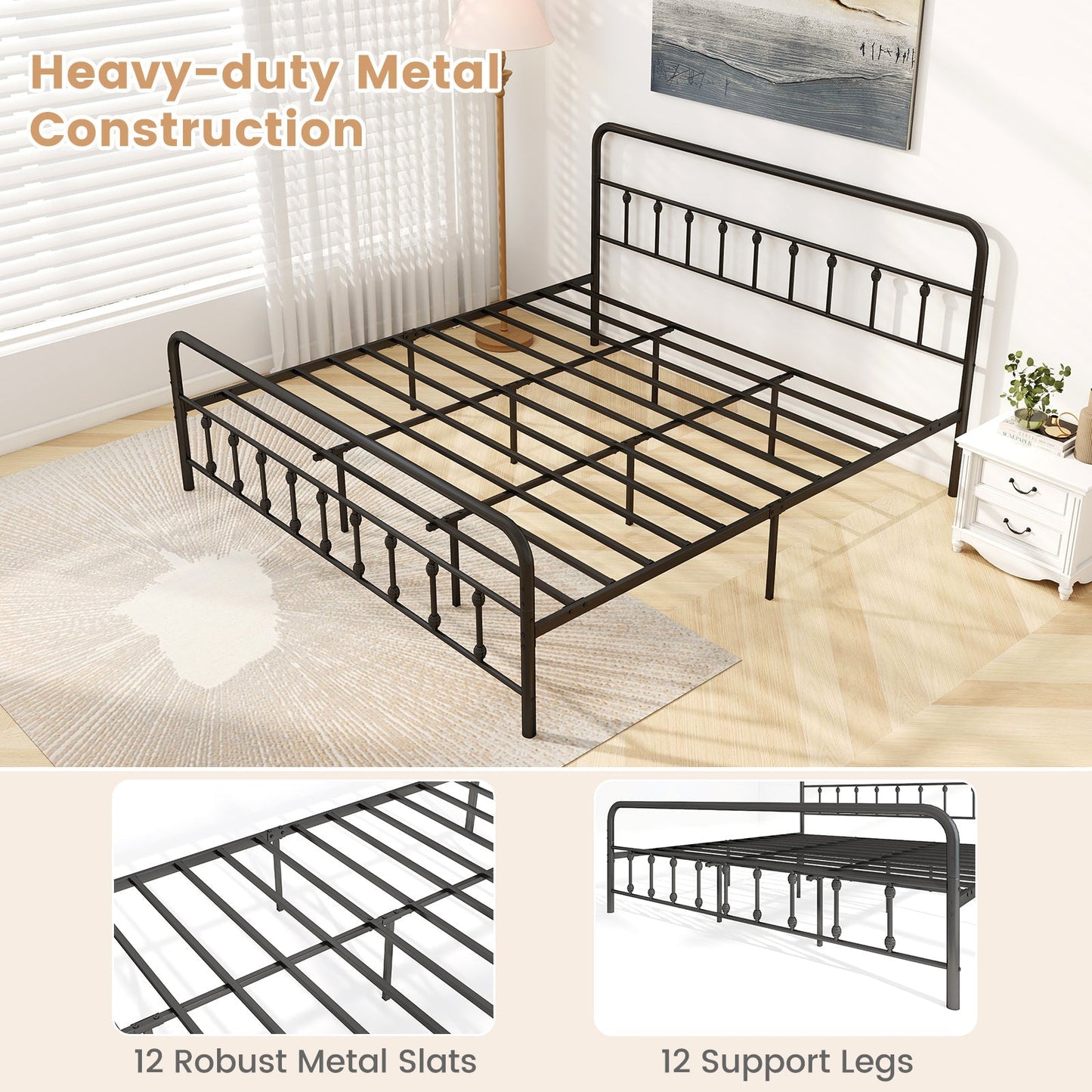 Bed Frame with Headboard and Under Bed Storage Black