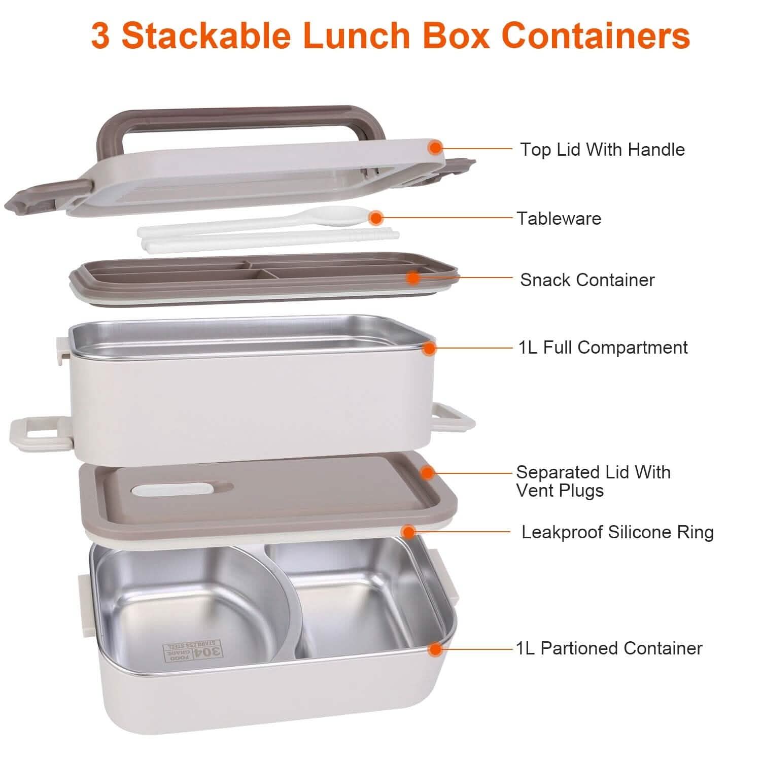 Bento Lunch Box 3 Stackable Food Container with Chopsticks and Spoon