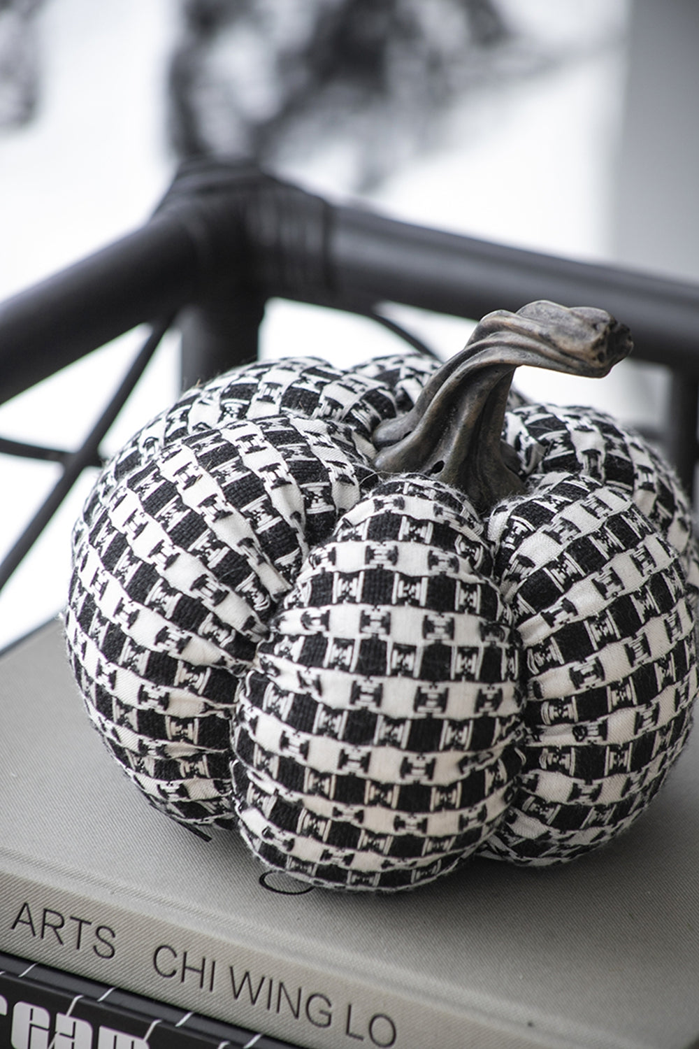 Set of 2 Fabric Black-White Plaid Pumpkin Decor