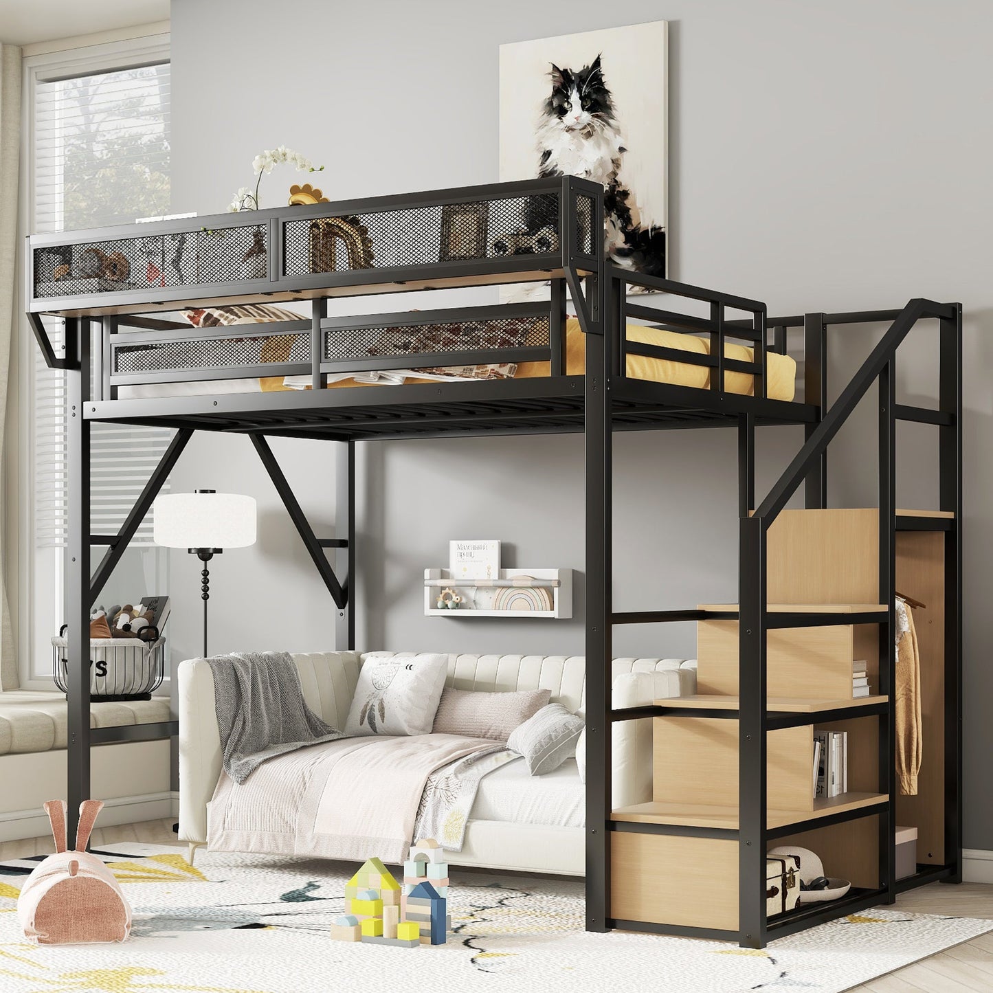 Full Size Loft Bed with Stairs and Storage Shelves