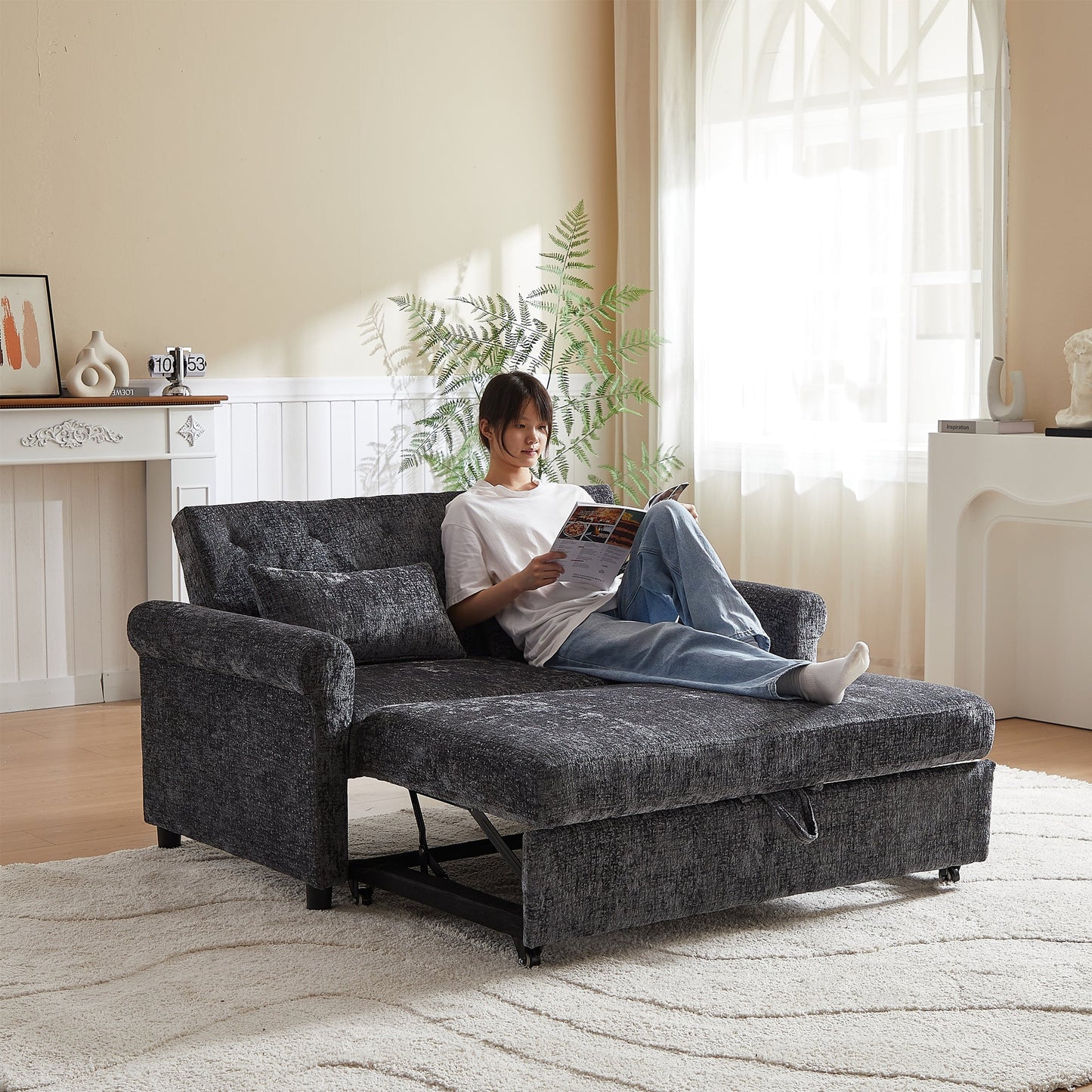 58.27 Inch Modern Chenille Fabric Sofa Bed