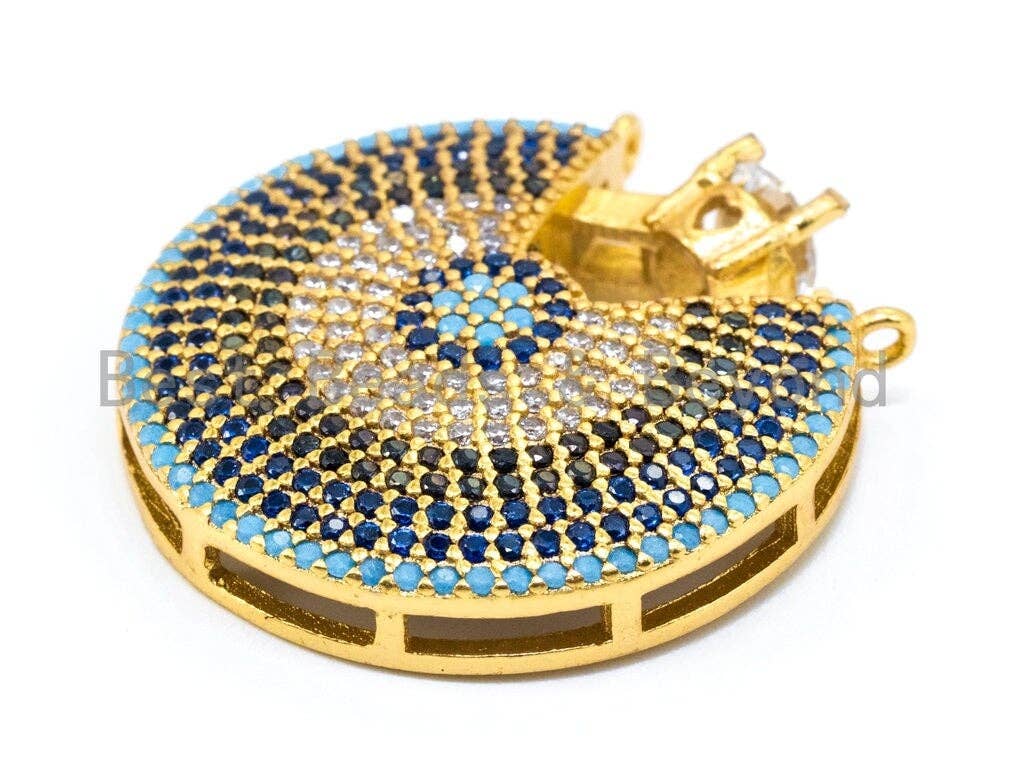 CZ Micro Pave Turquoise Diamond Crown on Round Disc Pendant, 27mm, sku#L5
