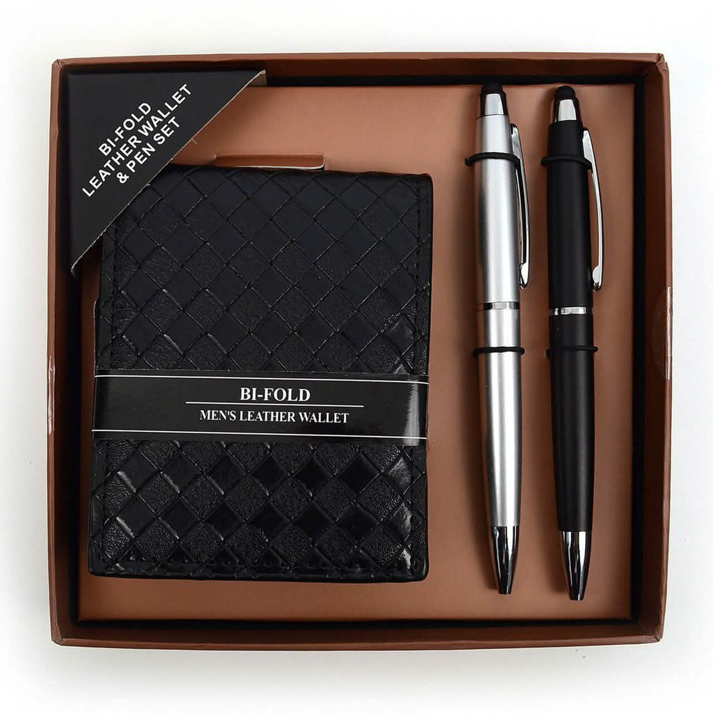Bi-Fold Men's Leather Wallet and Pen Set with Touch Screen Stylus Tip