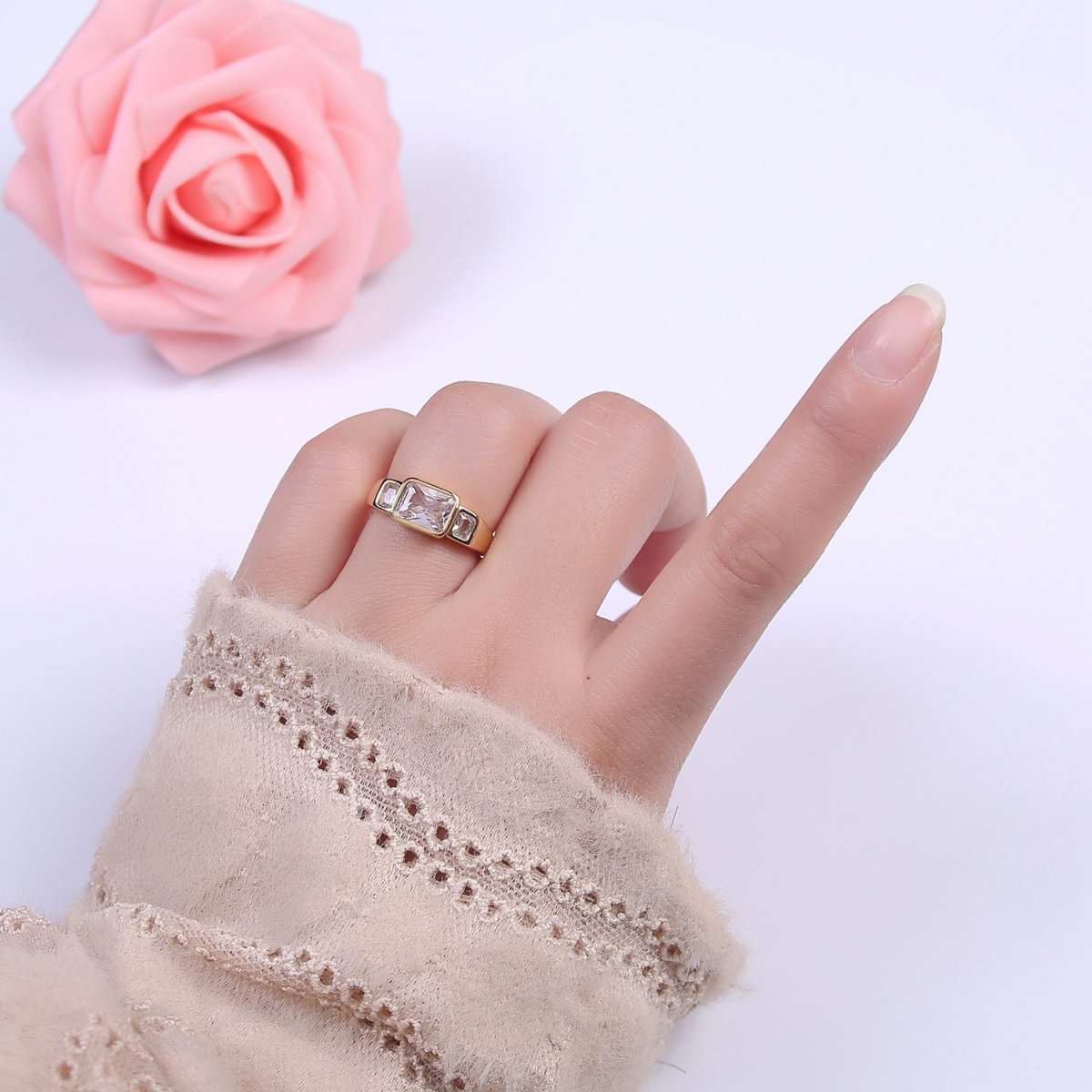 Big Diamond CZ Ring, Statement Gold CZ diamond ring stackable Jewelry Adjustable Ring S-455
