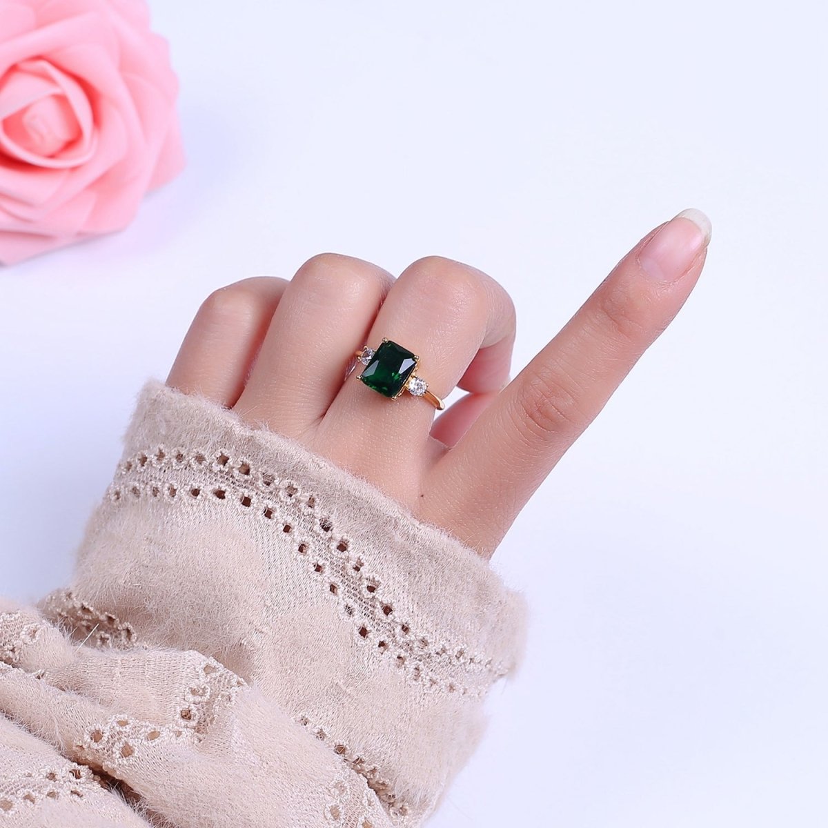 Big Square Emerald Green CZ Ring Gold Band open Adjustable Ring S-502