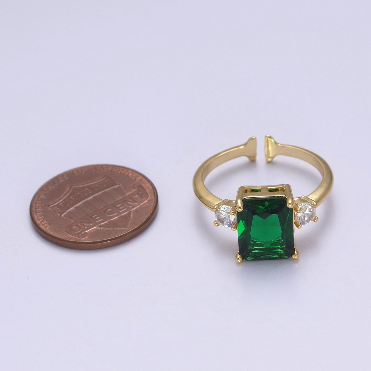 Big Square Emerald Green CZ Ring Gold Band open Adjustable Ring S-502