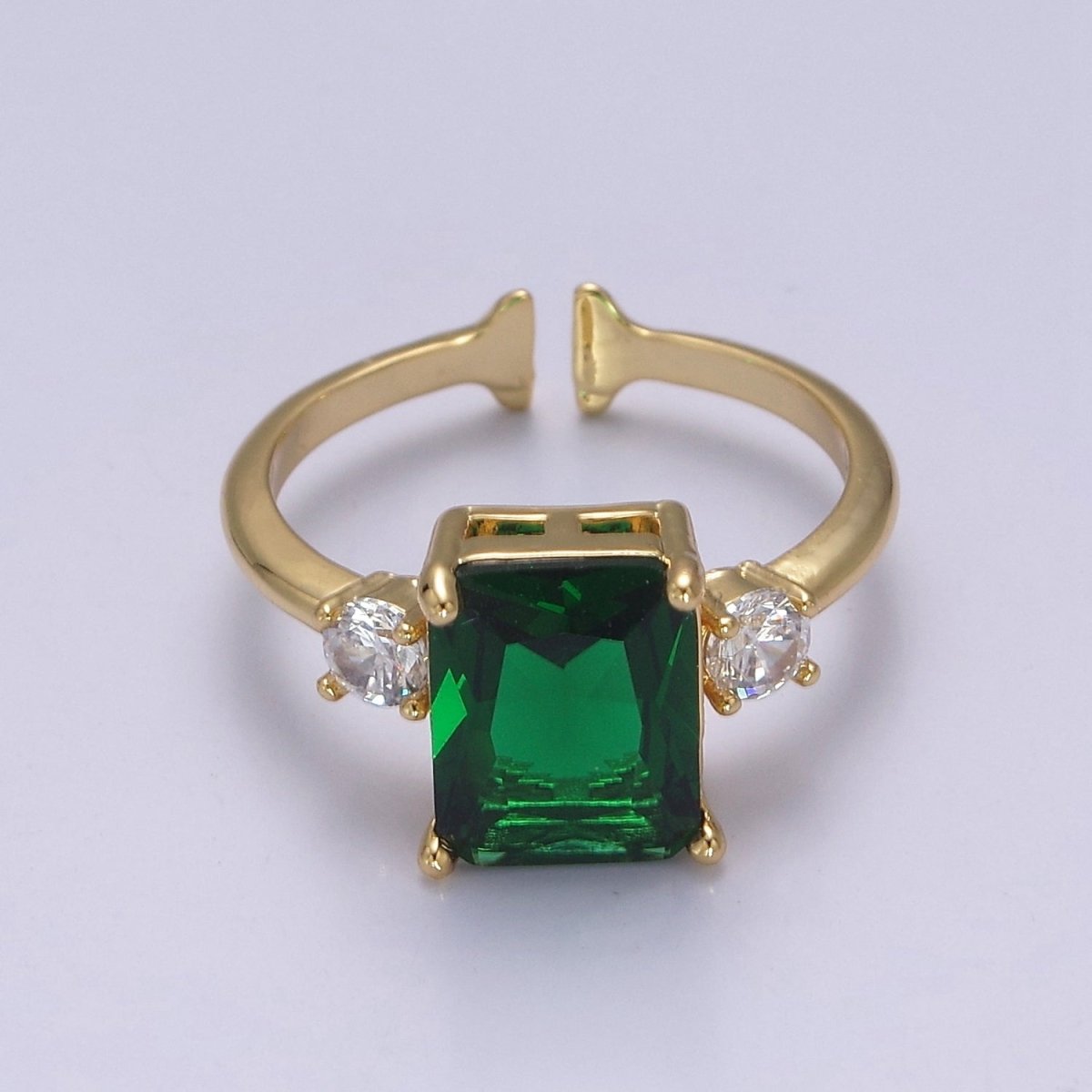 Big Square Emerald Green CZ Ring Gold Band open Adjustable Ring S-502