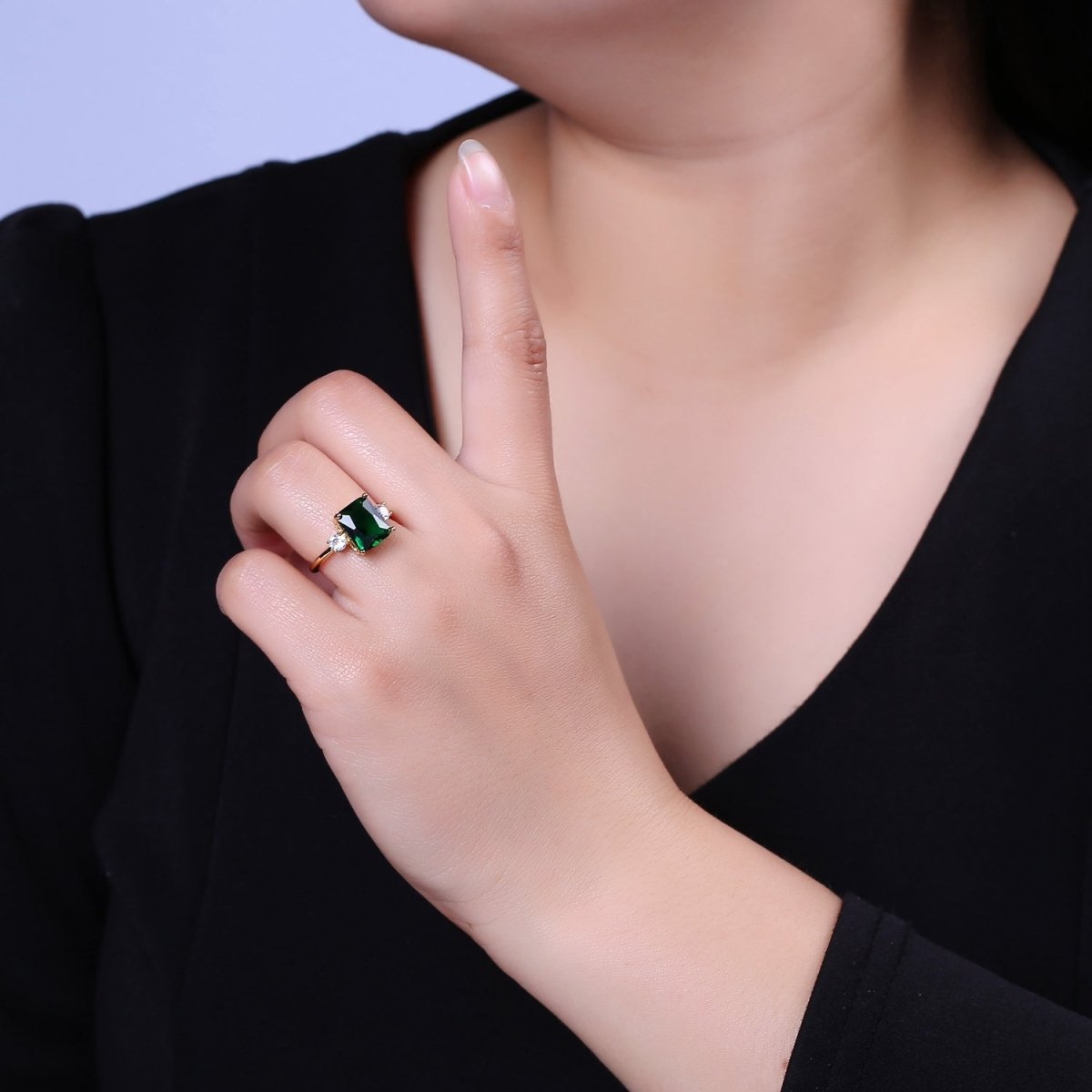 Big Square Emerald Green CZ Ring Gold Band open Adjustable Ring S-502