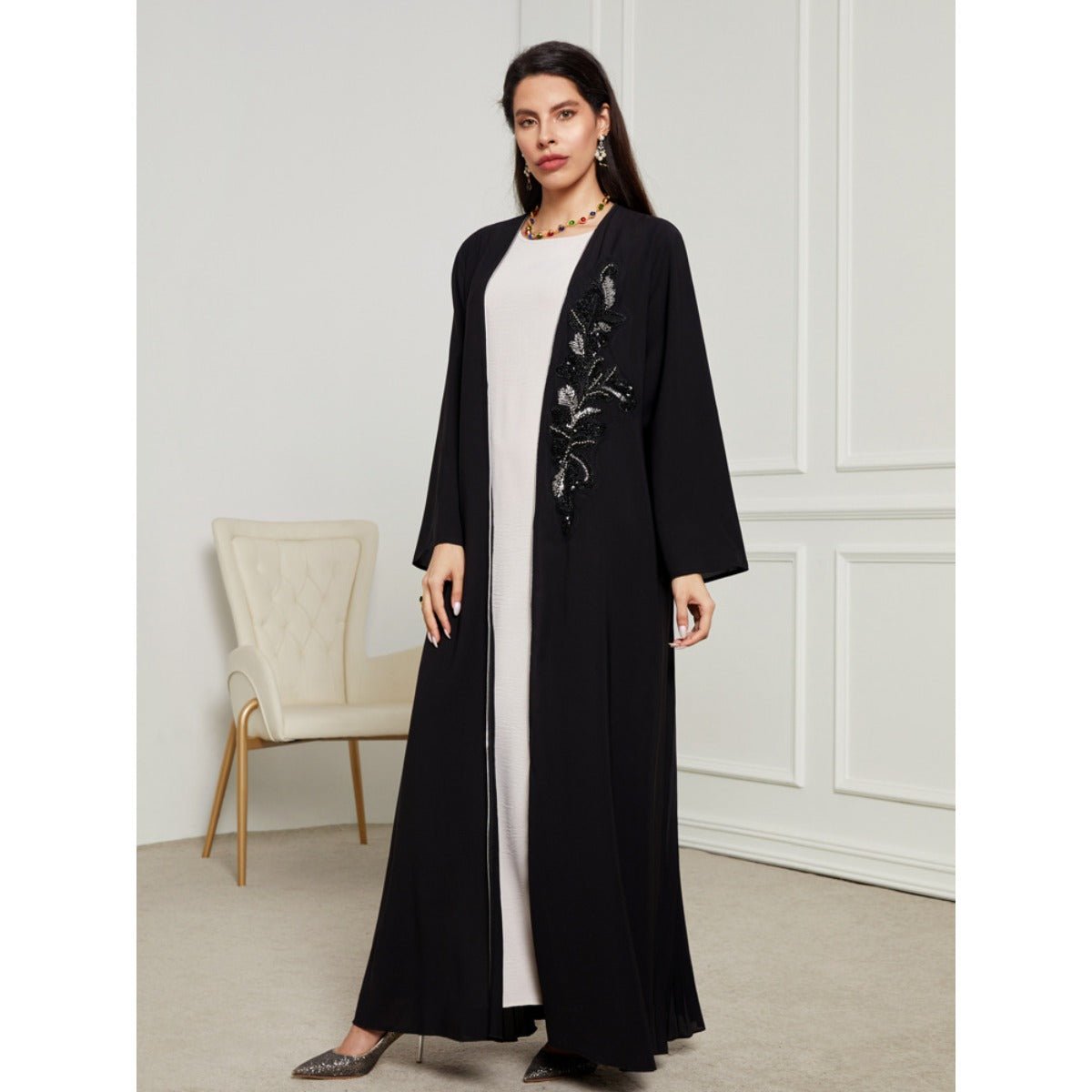 Black & Silver Embroidered Open Front Robe - Modest Elegant Abaya(MOA216)