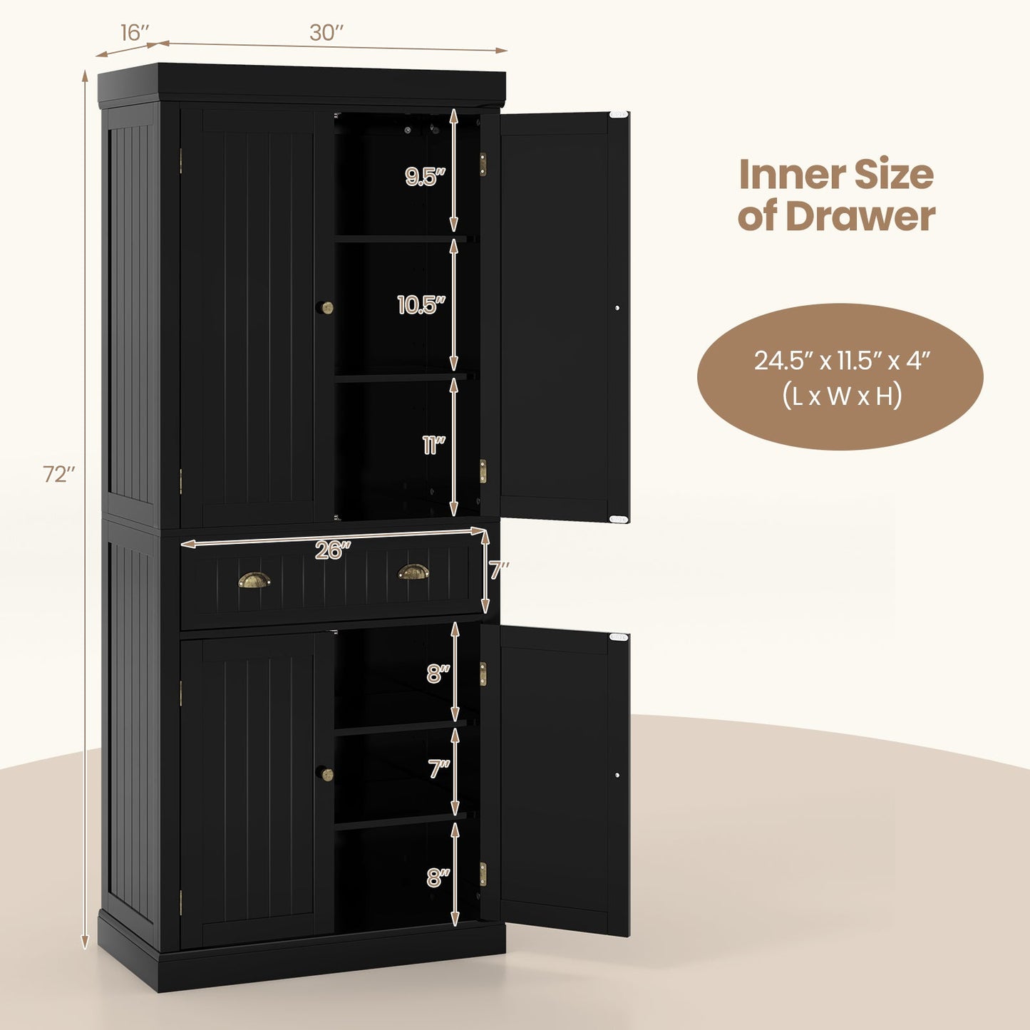 Cupboard Freestanding Kitchen Cabinet w/ Adjustable Shelves