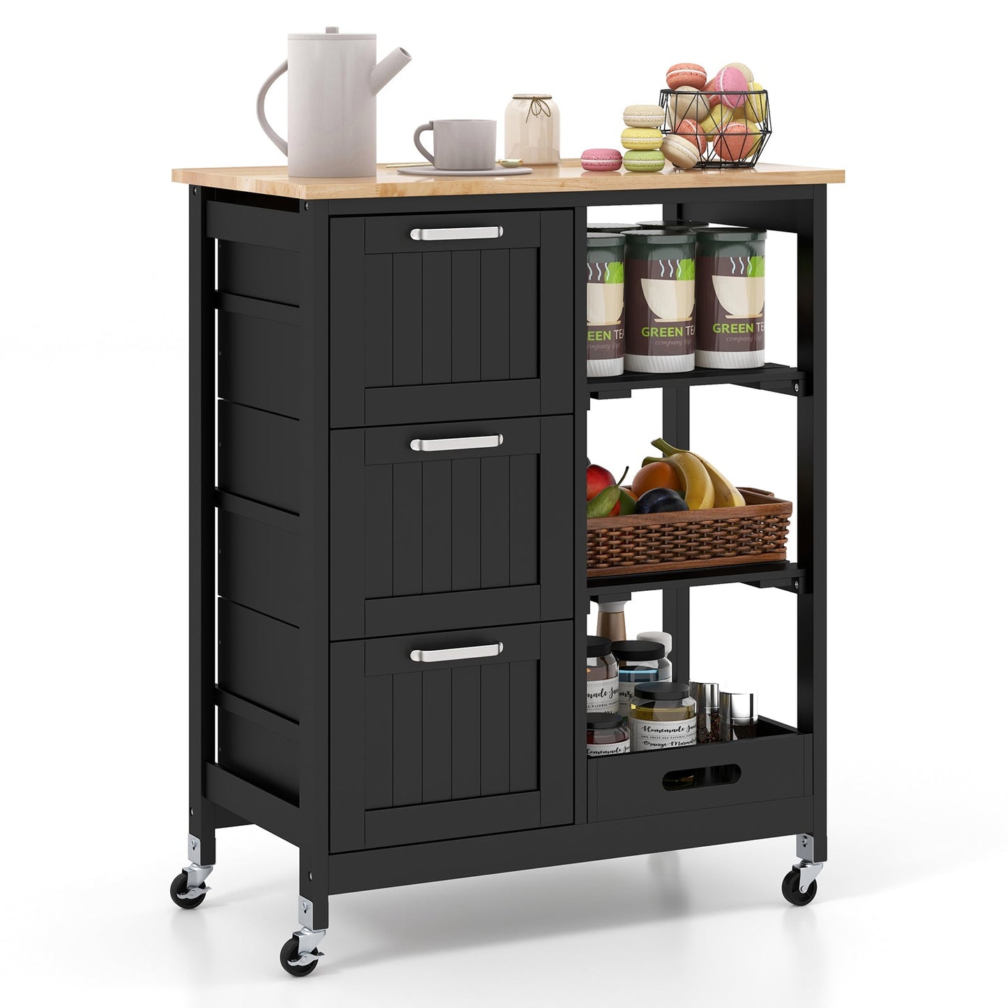 Kitchen Island Cart on Wheels with Rubber Wood Top and 3 Drawersand Removable Tray