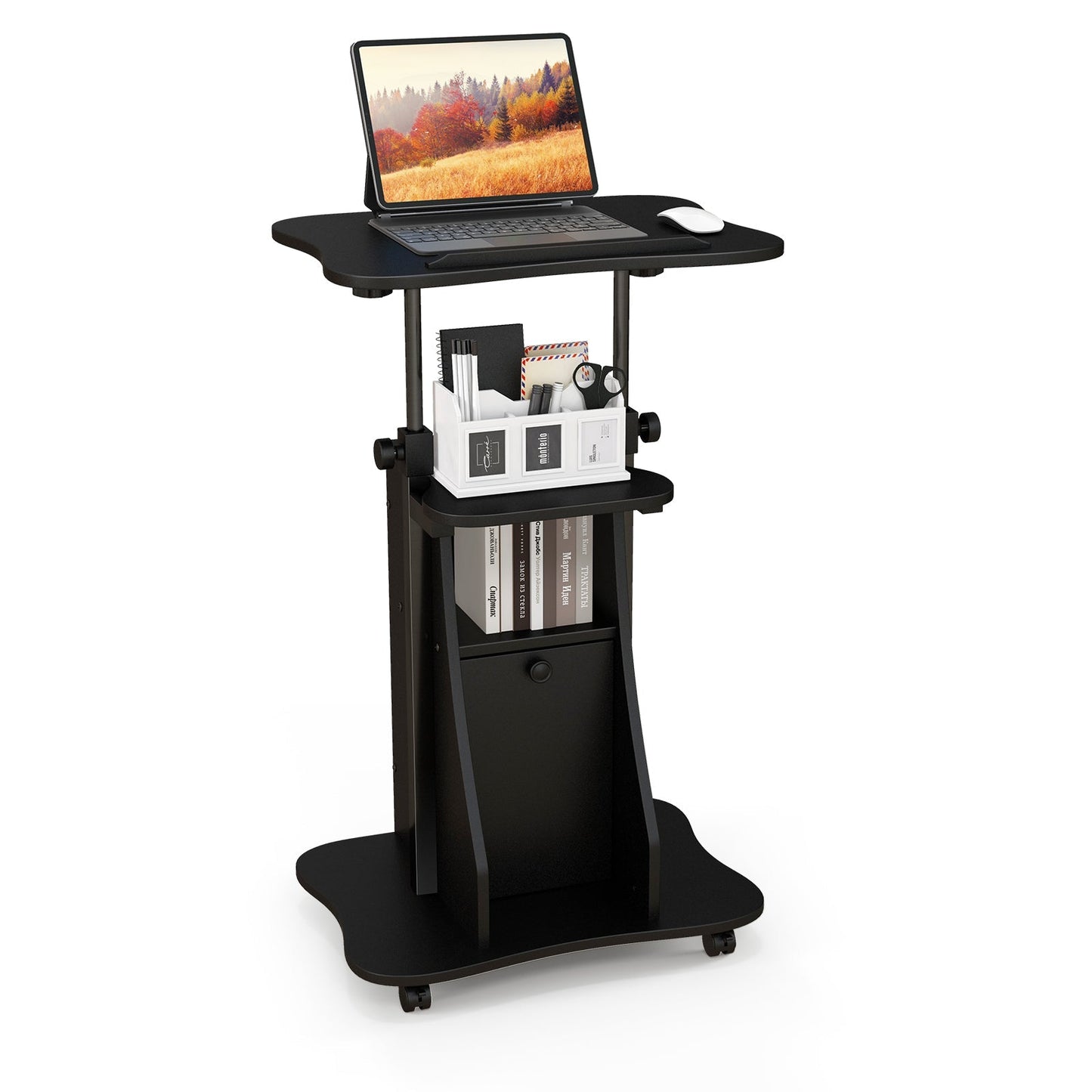 Adjustable Mobile Standing Desk Cart with Tilt Desktop and Cabinet