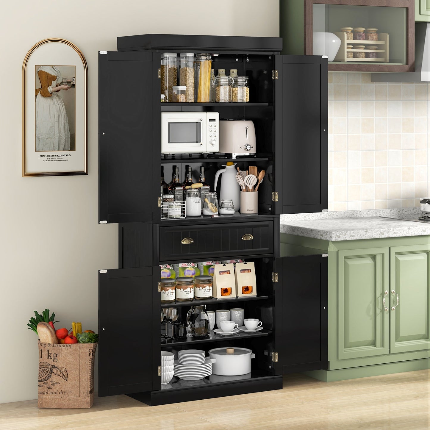 Cupboard Freestanding Kitchen Cabinet w/ Adjustable Shelves