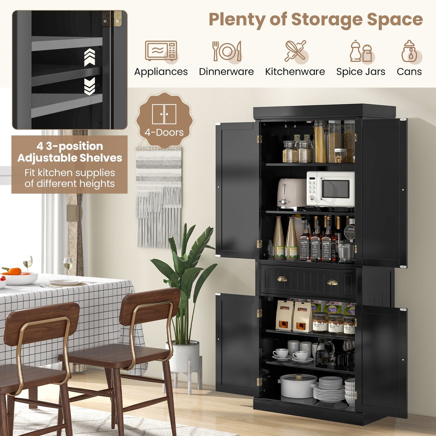 Cupboard Freestanding Kitchen Cabinet w/ Adjustable Shelves