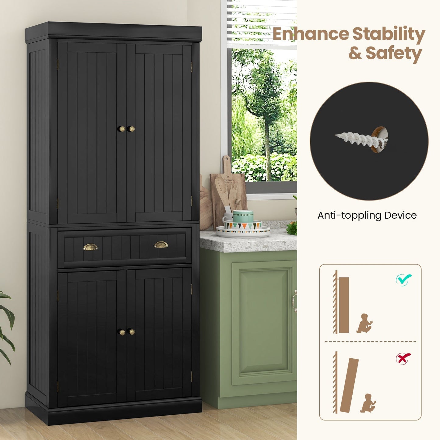 Cupboard Freestanding Kitchen Cabinet w/ Adjustable Shelves