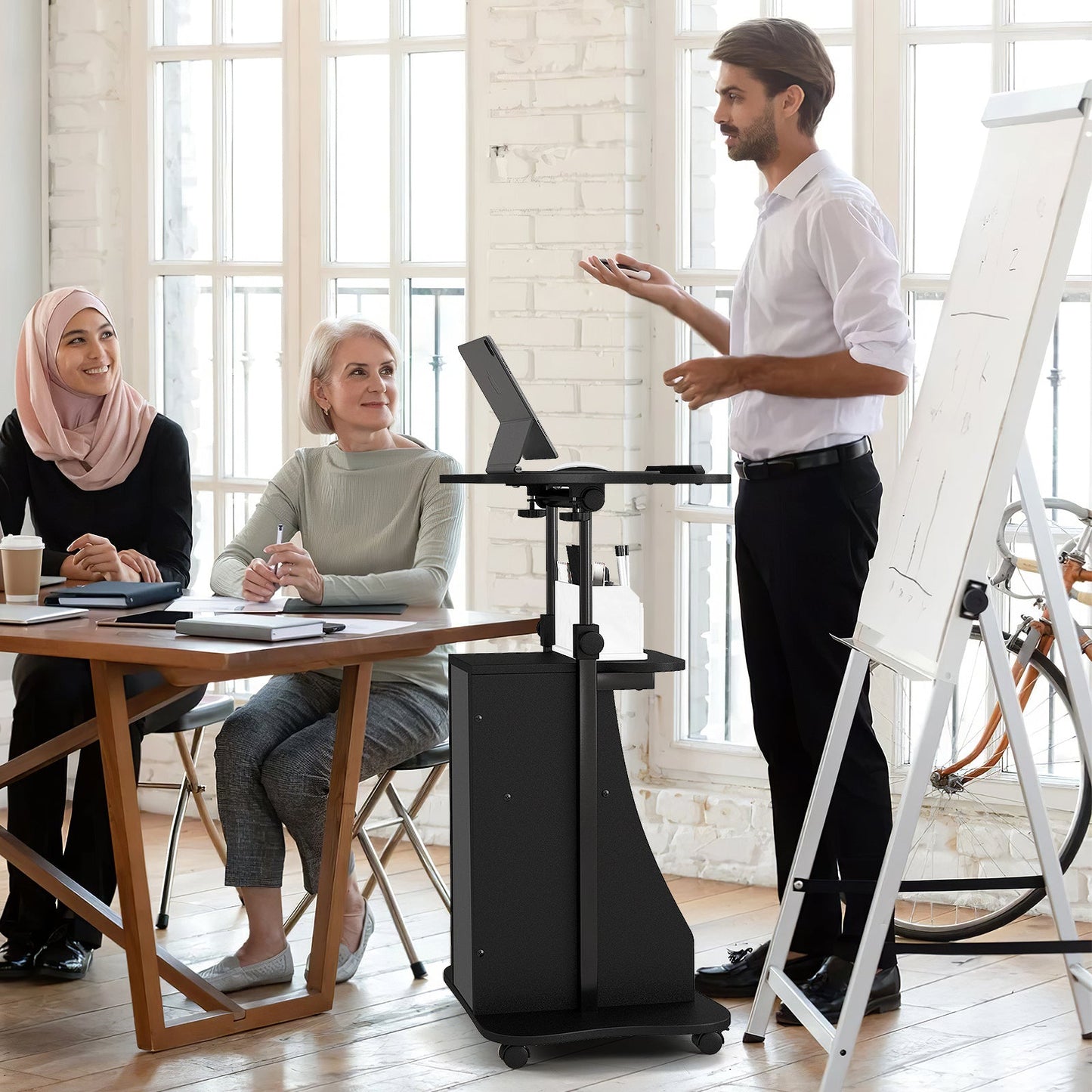 Adjustable Mobile Standing Desk Cart with Tilt Desktop and Cabinet