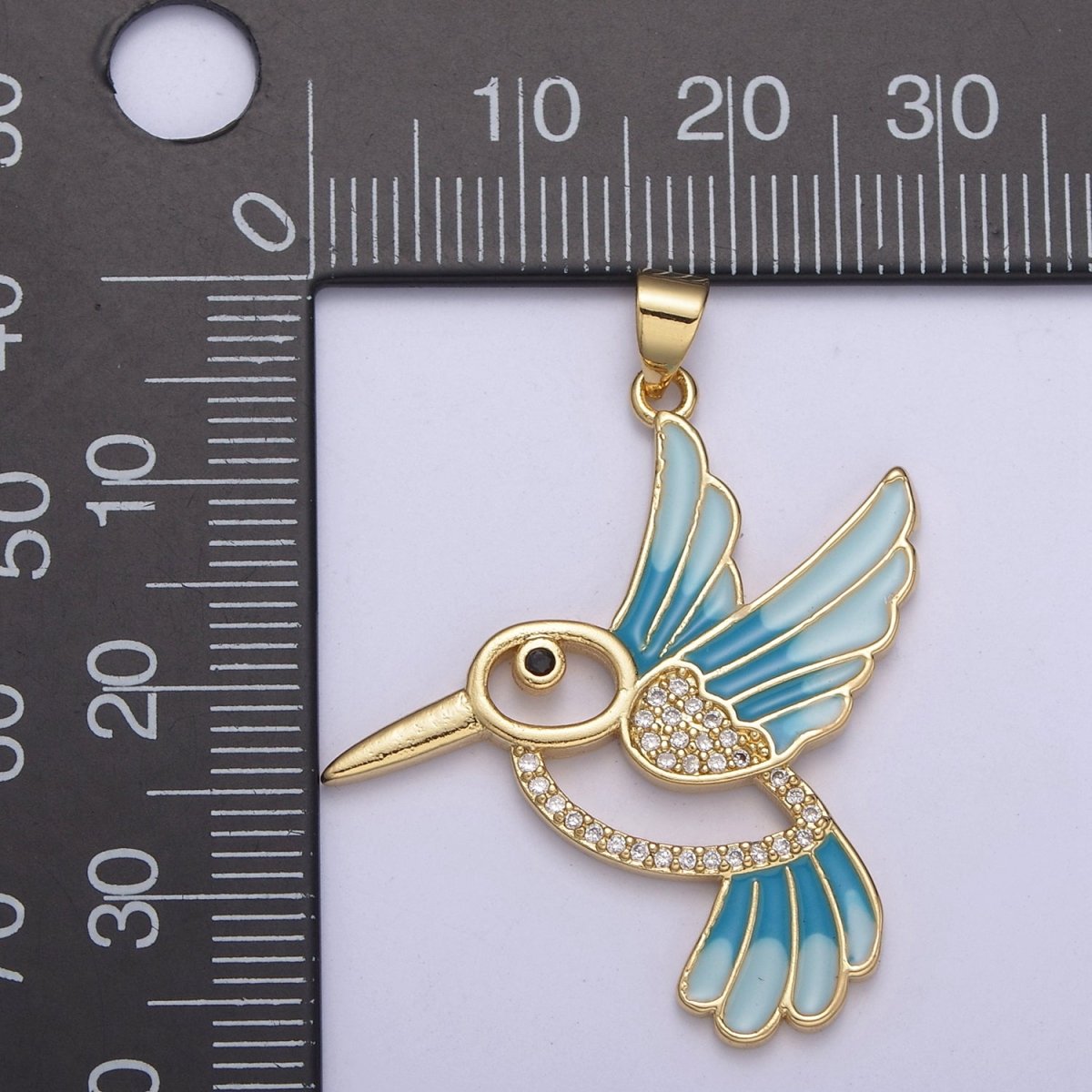 Blue Enamel Gold Hummingbird Charm 14k Gold Filled Humming Bird Pendant 38mmx31mm gold Cz Animal jewelry H-101